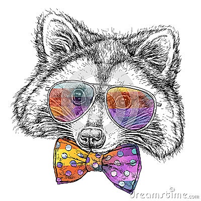 Hand drawn portrait of cute Raccoon in glasses with bow tie. Vector illustration isolated on white Vector Illustration