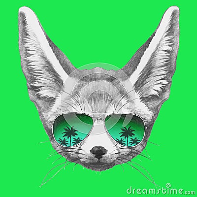 Hand drawn portrait of Fennec Fox with mirror sunglasses. Vector Illustration