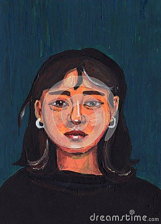 Hand drawn portrait of girl. Aged 18-25. Asian young lady. Black shoulder-length hair. Yellow skin. Acrylic, oil and gouache Stock Photo