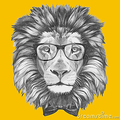 Hand drawn portrait of Lion with glasses and bow tie. Vector Illustration