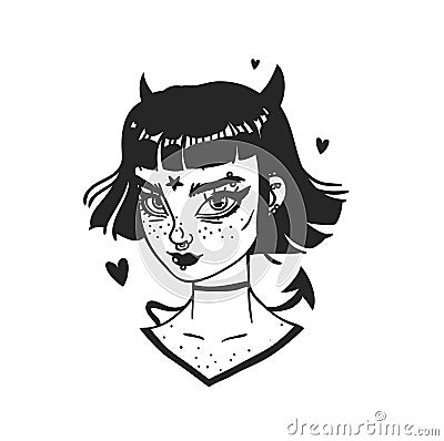 Hand Drawn portrait Stylish Devil Woman. Beautiful Fashion Illustration face on white background. Doodle Vector pattern attractive Vector Illustration