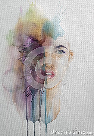 Hand drawn portrait of Watercolor beauty woman. Painting illustration on white paper Cartoon Illustration