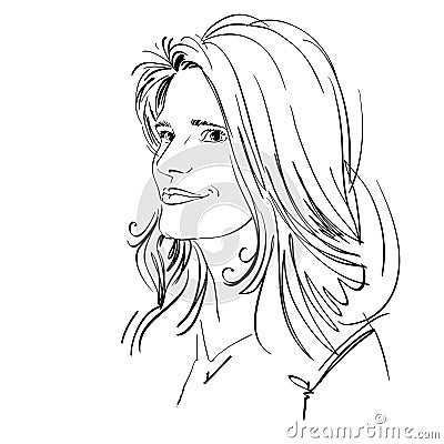 Hand-drawn portrait of white-skin dreamy woman, face emotions th Vector Illustration