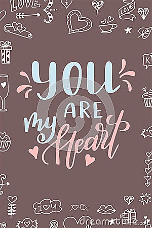 Hand drawn poster with love elements. Brush calligraphy. Happe Valentines Day. Vector illustration Vector Illustration