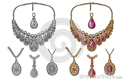 Hand drawn precious pendants and necklace vector isolated on white background Vector Illustration