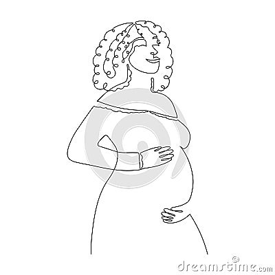 Hand drawn pregnant African American woman, one line, stylized continuous contour. Afro lady expecting child, picture of future Vector Illustration