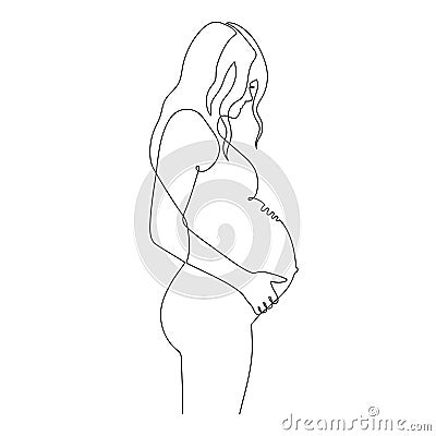 Hand drawn pregnant young woman,one line,stylized continuous contour.Lady expecting child,picture of future mother and baby in Vector Illustration