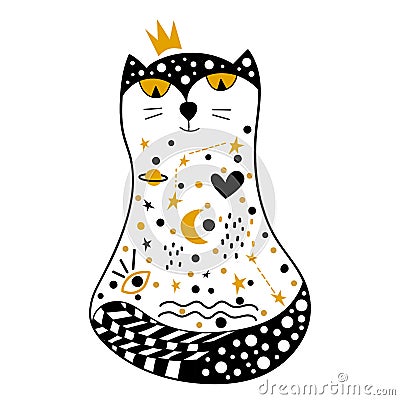 Hand drawn Princess Cat with the image of the cosmos. Cosmic Constellation of galaxies, planets, stars, hearts, eyes Stock Photo