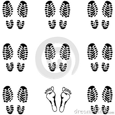 Background of the sole of men`s shoes. Hand drawn print shoes and bare feet. Doodle formation of soldiers Vector Illustration