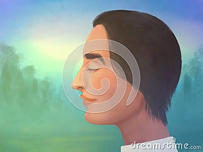 Hand-drawn profile of a man with dark hair and closed eyes against the background of dawn. Symbol of peace, silence, solitude, Stock Photo