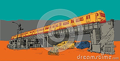 hand drawn railroad bridge Vector Illustration