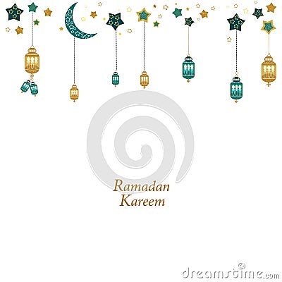 Hand drawn Ramadan Kareem gold and green colored with hanging lamps, crescents and stars Vector Illustration