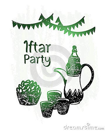 Hand drawn ramadan kareem, iftar party, green shine Vector Illustration