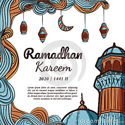 Hand drawn ramadhan kareem square greeting card Vector Illustration
