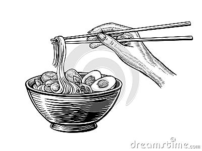 Hand drawn ramen soup in a black bowl with hand holding chopsticks. Vector Illustration