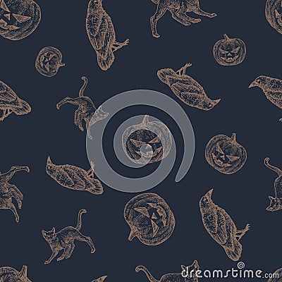 Hand Drawn Raven, Cat and Evil Pumpkin Vector Seamless Background Pattern. Halloween Celebration Greeting Sketches Card Vector Illustration
