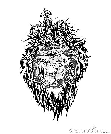 Hand drawn realistic lion in crown character. Vector Illustration