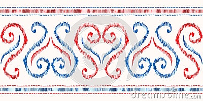 Hand-Drawn Red, Blue, White Heart Shape Traditional Ikat Vector Seamless Pattern Horizontal Border Vector Illustration