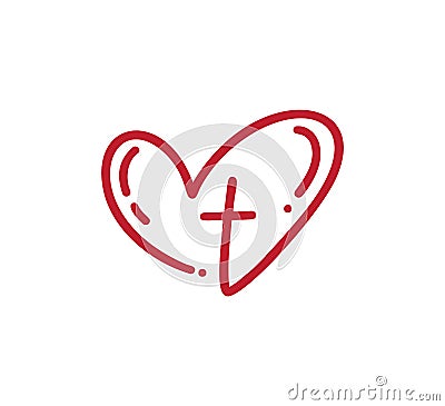 Hand drawn red calligraphy logo of Christian cross and heart love drawn by monoline brush. Isolated sign or symbol on a Vector Illustration