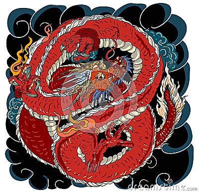 Gold dragon on red background.Chinese dragon tattoo. Vector Illustration