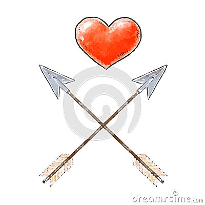 Hand drawn red heart and vintage arrows. Design elements for Valentines day. Vector illustration. Cartoon Illustration