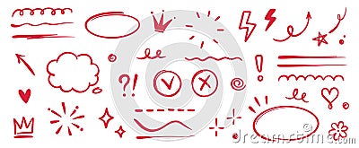 Hand drawn red highlight, text underline, emphasis mark, line shape set. Hand drawn scribble arrow, love heart, speech Vector Illustration