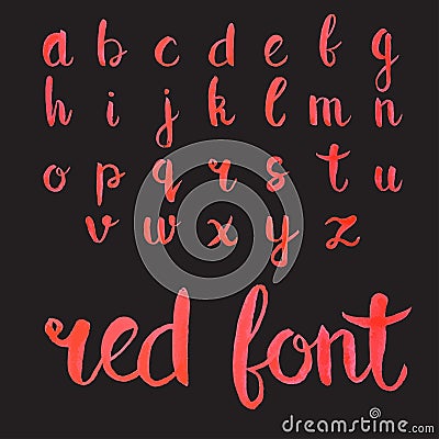Hand drawn red ink calligraphic font for your design. Red alphabet on black background. Stock Photo