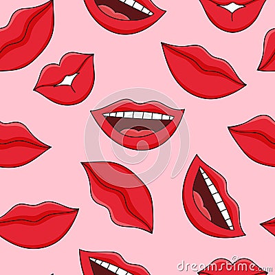 Hand drawn red lips and smile seamless pattern. Hand drawn women lips with red lipstick smiling and kissing Vector Illustration