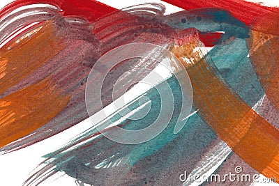 Hand drawn red, orange, turquoise and gray smears, splashes abstract backdrop. Modern expressionist painting texture. Stock Photo