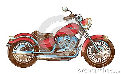 Hand-drawn red vintage motorcycle. Classic chopper. Vector Illustration