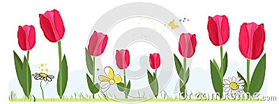 Hand drawn red, yellow realistic tulips with daisies and butterfly. Greeting card. Spring time banner background illustration Vector Illustration