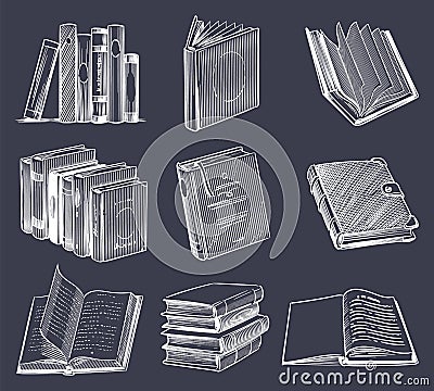 Hand drawn retro book set. Vintage sketch notebooks, stack on bookshelf, open and close books in chalk drawing style Vector Illustration