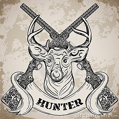 Hand drawn retro shotgun, head of deer and ribbon in vintage style with a slogan hunter. Vector illustration detailed tattoo des Vector Illustration