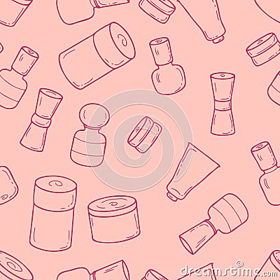 Hand drawn retro style cosmetic jars seamless pattern. Perfect for scrapbooking, poster, textile and prints. Cartoon Illustration