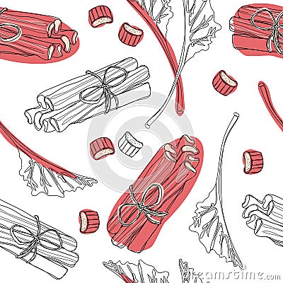 Hand drawn rhubarb pattern. leaves, bunches cut and whole with strawberries composition. Vector illustration. Good for backdrop, t Vector Illustration