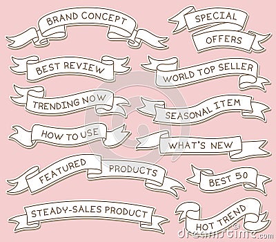 Hand Drawn Ribbon Banners Set with Handwritten Messages Vector Illustration