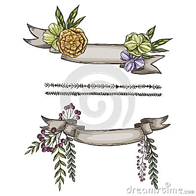 Hand drawn ribbon decorated with flower and leaves. Ready template for your design. Vector illustration. Stock Photo