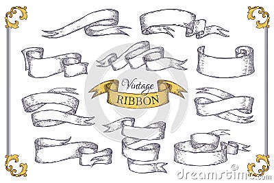Hand drawn ribbons. Scroll elements for banner posters invitation cards and vintage logo. Vector engraving design Vector Illustration