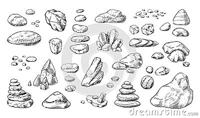 Hand drawn rocks. Gravel stones and boulders sketch. Vintage outline minerals. Pebble piles. Heavy cobblestones and Vector Illustration