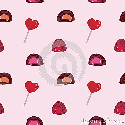 Hand drawn romantic confectionery seamless pattern with chocolate candies and lollipop Vector Illustration