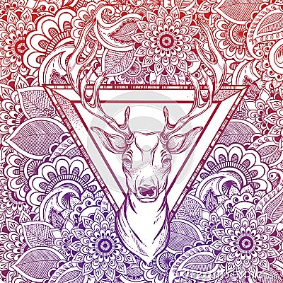 Hand drawn romatice tattoo style decorative deer. Boho style vector illustration. Zentangle meditation floral background. Tattoo/ Vector Illustration