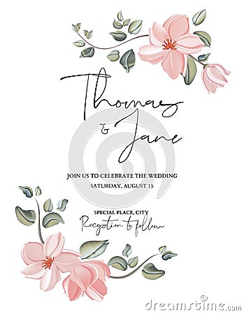 Hand-drawn rose card template with herbs, leaves. Floral poster, invite. Vector decorative greeting card or invitation design Vector Illustration