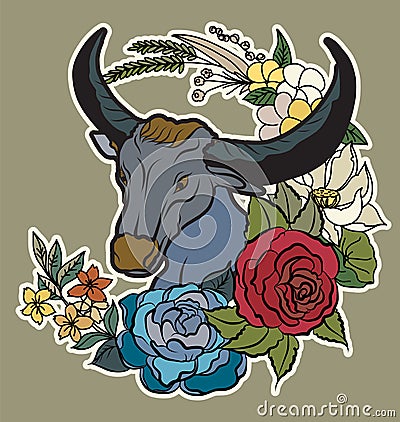 Buffalo`s head with ethnic ornament, feathers, flowers and leaves. Handed drawn vector illustration for tattoo Vector Illustration