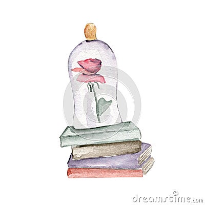 A hand drawn rose under a glass jar stands on a stack of books from a fairy tale Vector Illustration