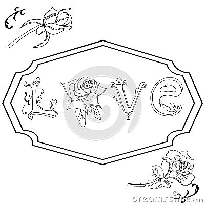 Hand drawn roses, letters and twirls. Design elements for Valentine`s day. Monochrome objects. Vector Illustration