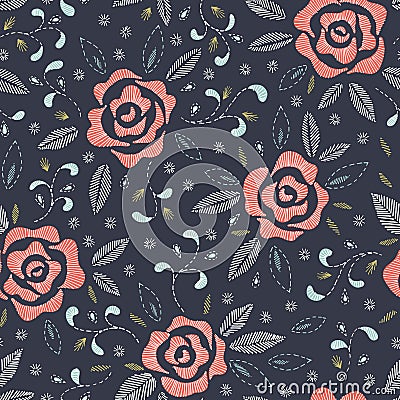 Hand Drawn Roses, Mimicking Folk Embroidery Stitches, on Dark Blue Background Floral Vector Seamless Pattern Vector Illustration