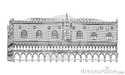 Hand-drawn rough black and white sketch of the Doges Palace in Venice, Italy Vector Illustration