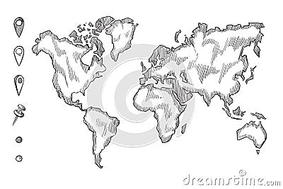 Hand drawn, rough sketch world map with doodle pins Vector Illustration