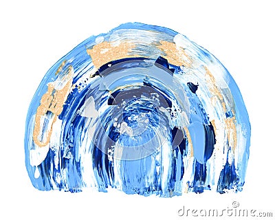 Hand drawn round art stroke isolated on white background. Blue and golden brushstroke circle swash. Stock Photo