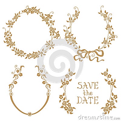 Hand drawn round floral frames. Sketch leaves and branches decoration wreath Vector Illustration